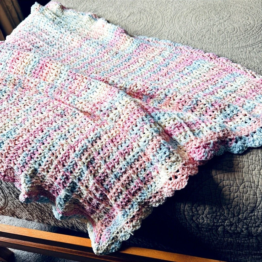 Crochet Baby Blanket Handmade Pastel Pink Blue White Super Soft Yarn 38x38 Throw